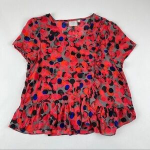 HD in Paris Blouse Womens Size 4 Red Polka Dot Ruffles Round Neck